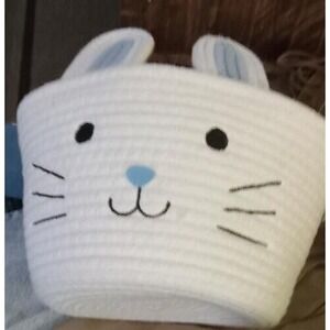 Easter Bunny Basket  Woven White/Blue Baskets Round Ready‎ for treats (unique)